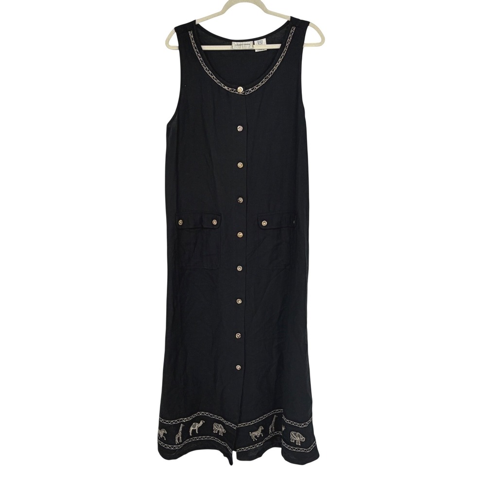 Vintage 90s Lemon Grass Safari Animal Embroidered Linen Blend Maxi Dress L